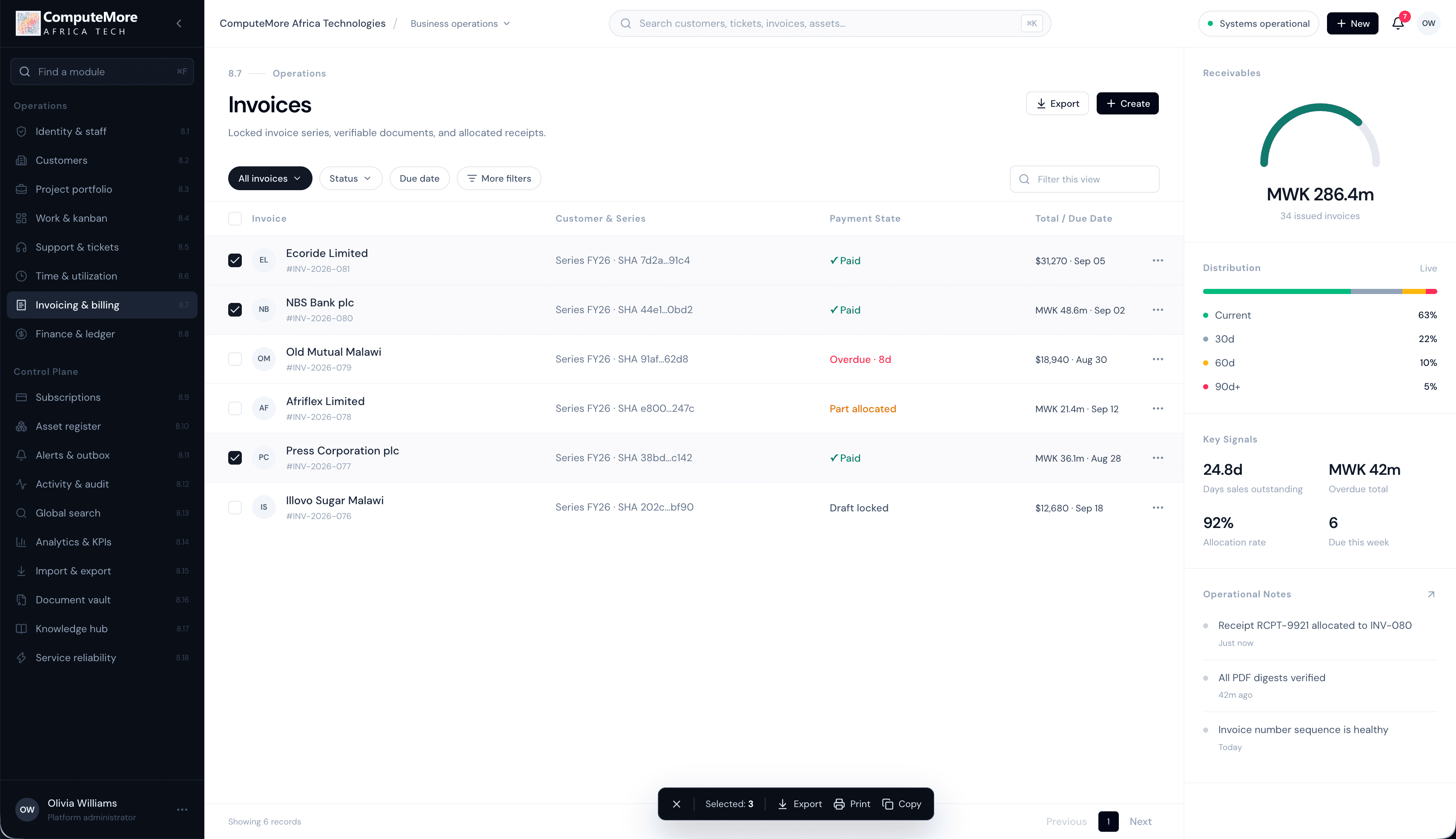 Commerce dashboard concept showing sales, card payments, and stock alerts