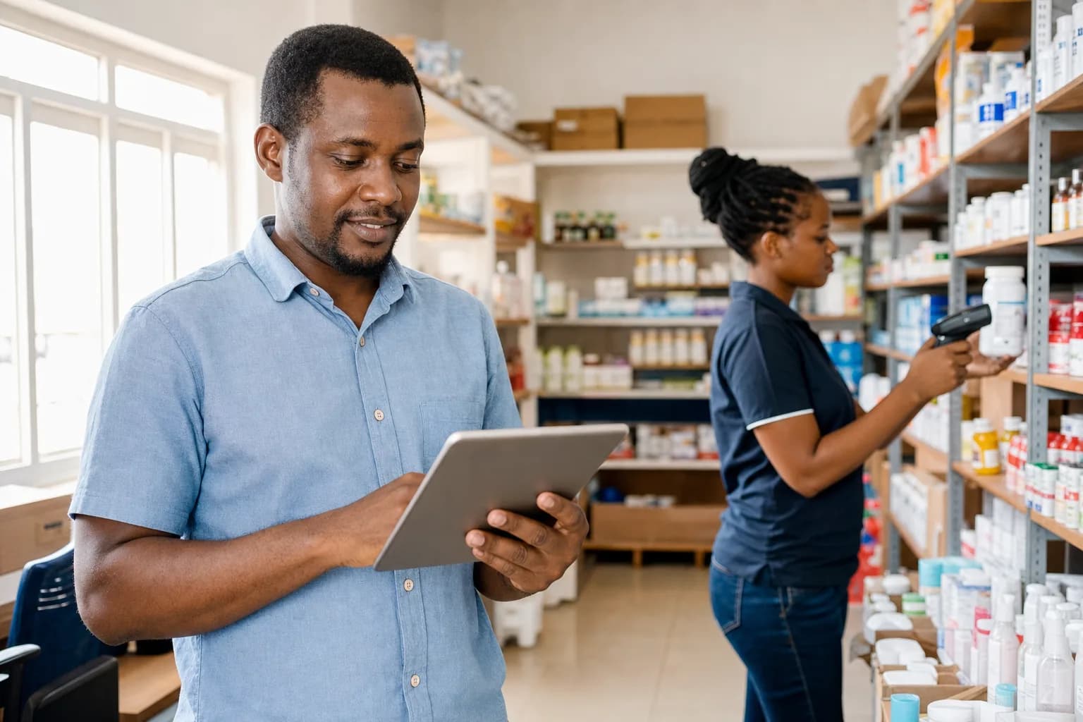 Retail owner reviewing inventory on a tablet with a staff member scanning products